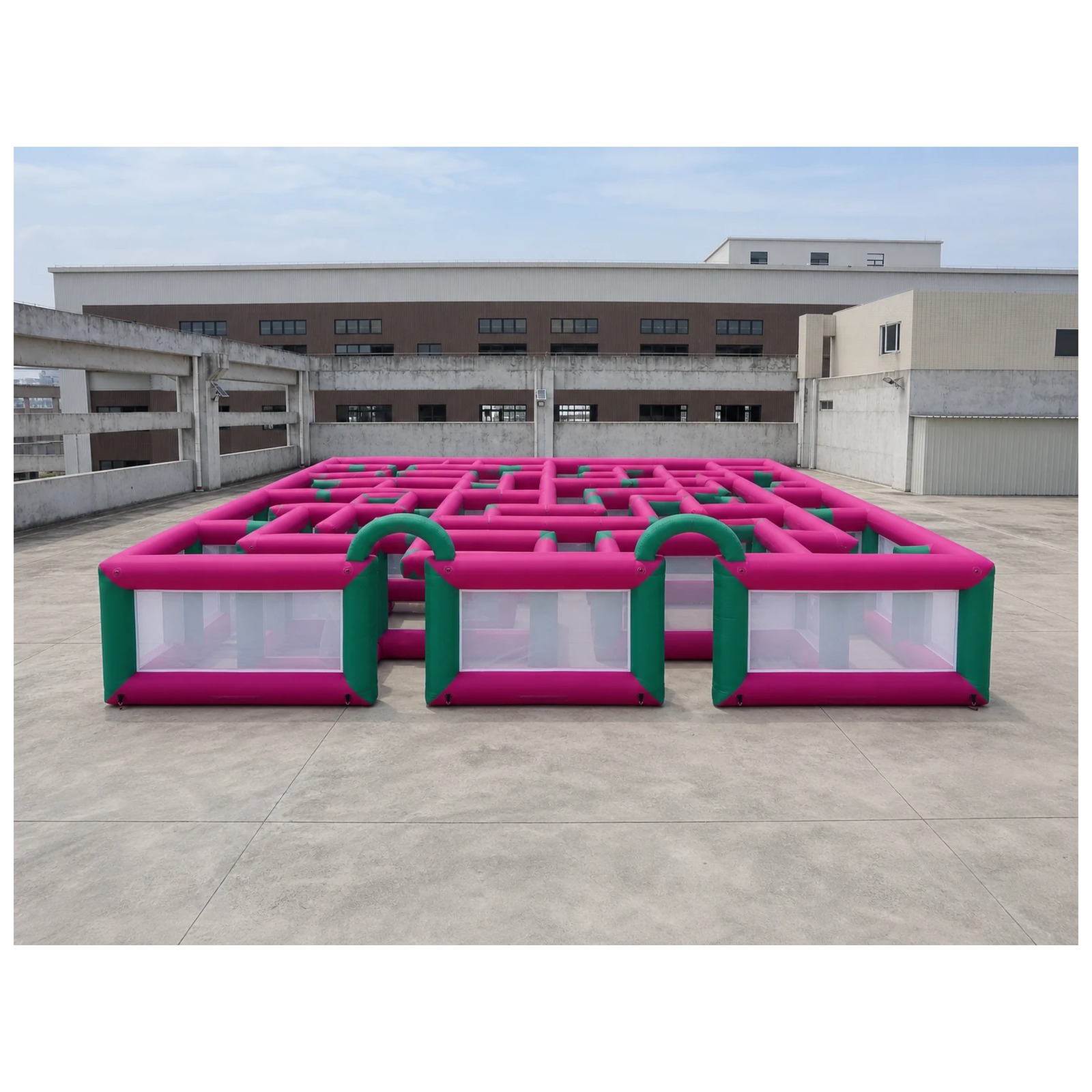 Kids Outdoor Party Venue - Labirin Tiup Terbuka Berwarna Hijau Magenta