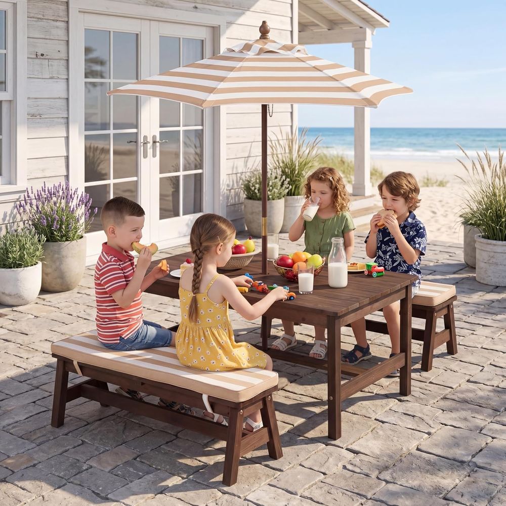 Meja Piknik Anak, Meja Besar 4 - Kids Outdoor Bench With Umbrella ulasan dan harga